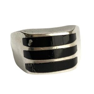 Vintage Sterling Silver Black Onyx Inlay Ring Mexico Heavy Solid Unisex Size 13